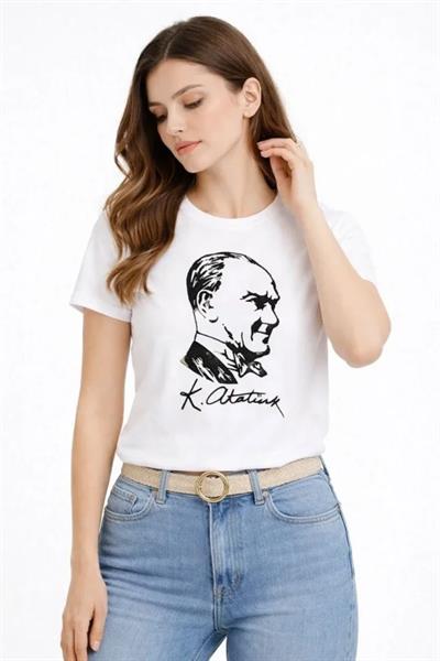 Atatürk Baskılı Tişört Kısa Kollu Bisiklet Yaka T-Shirt - Beyaz