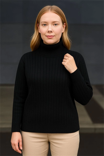 Balıkcı Yaka Bağazlı Triko Kazak Pamuklu Kalın Fitilli Dokuma - Siyah