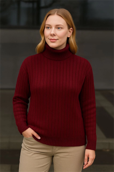 Balıkcı Yaka Bağazlı Triko Kazak Pamuklu Kalın Fitilli Dokuma - Bordo