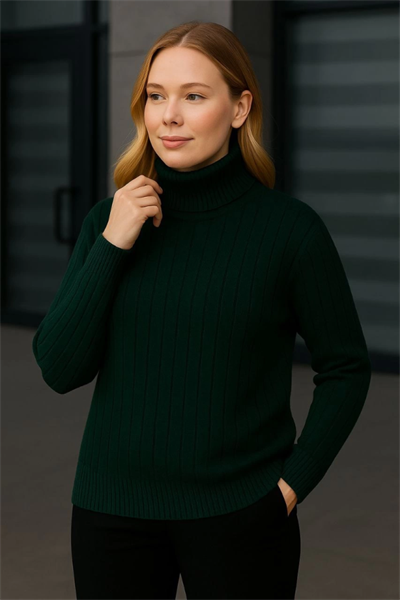 Balıkcı Yaka Bağazlı Triko Kazak Pamuklu Kalın Fitilli Dokuma - Haki