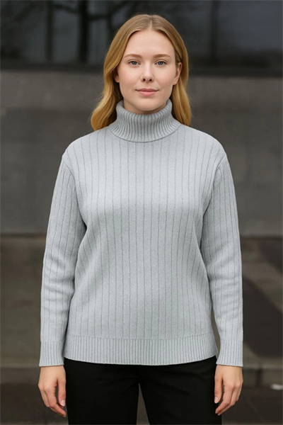 Balıkcı Yaka Bağazlı Triko Kazak Pamuklu Kalın Fitilli Dokuma - Gri