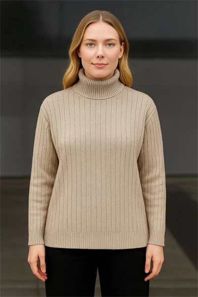 Balıkcı Yaka Bağazlı Triko Kazak Pamuklu Kalın Fitilli Dokuma - Bej