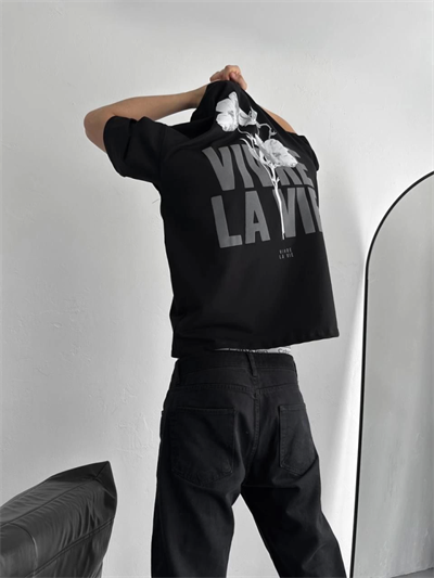 Baskılı Oversize Bisiklet Yaka T-shirt - Siyah