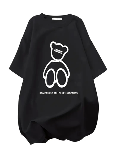 Baskılı Oversize Bisiklet Yaka T-shirt - Siyah