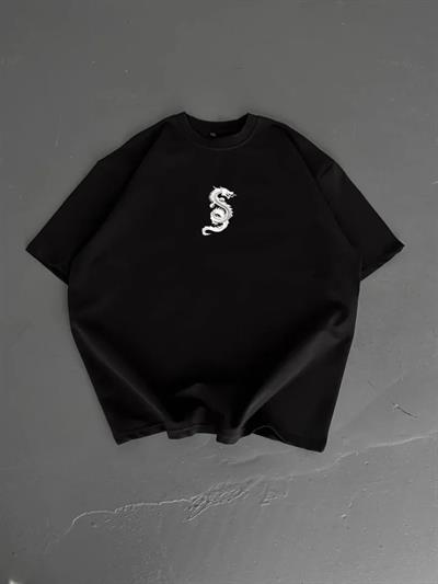 Baskılı Oversize Bisiklet Yaka T-shirt - Siyah