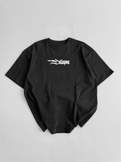 Baskılı Oversize Bisiklet Yaka T-shirt - Siyah