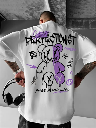 Baskılı Oversize Bisiklet Yaka T-shirt - Beyaz