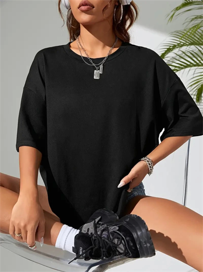 Baskılı Oversize Bisiklet Yaka T-shirt - Siyah