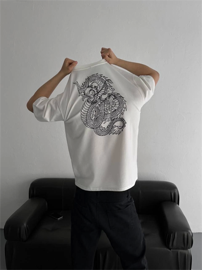 Baskılı Oversize Bisiklet Yaka T-shirt - Beyaz