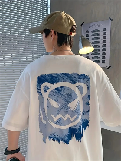 Baskılı Oversize Bisiklet Yaka T-shirt - Beyaz