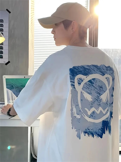 Baskılı Oversize Bisiklet Yaka T-shirt - Beyaz