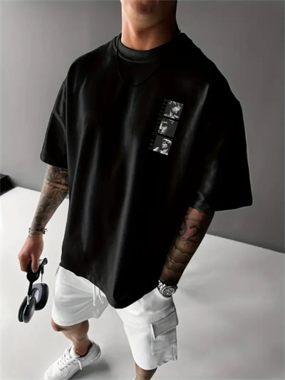 Baskılı Oversize Bisiklet Yaka T-shirt - Siyah