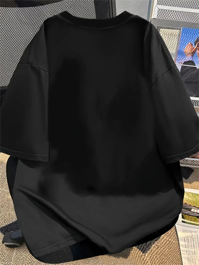 Baskılı Oversize Bisiklet Yaka T-shirt - Siyah