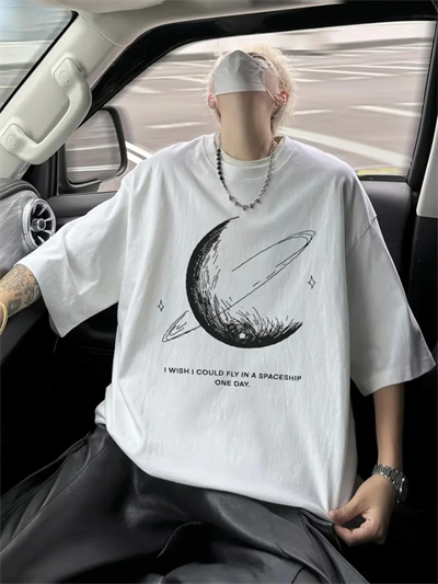Baskılı Oversize Bisiklet Yaka T-shirt - Beyaz
