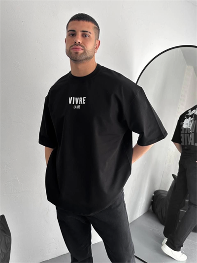 Baskılı Oversize Bisiklet Yaka T-shirt - Siyah