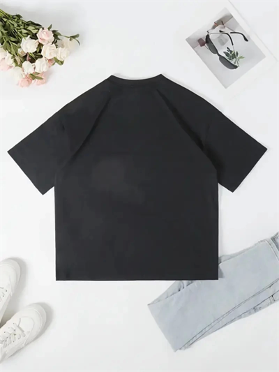 Baskılı Oversize Bisiklet Yaka T-shirt - Siyah
