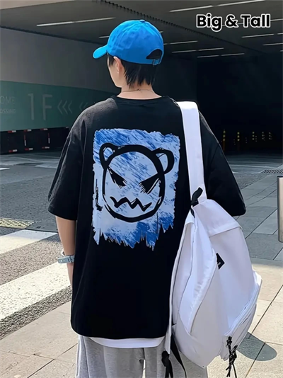 Baskılı Oversize Bisiklet Yaka T-shirt - Siyah