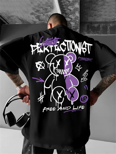 Baskılı Oversize Bisiklet Yaka T-shirt - Siyah