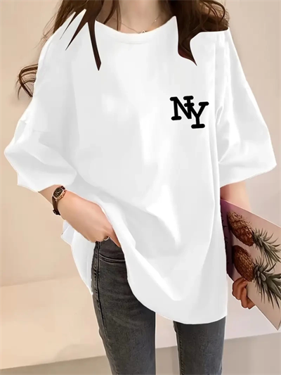 Baskılı Oversize Bisiklet Yaka T-shirt - Beyaz