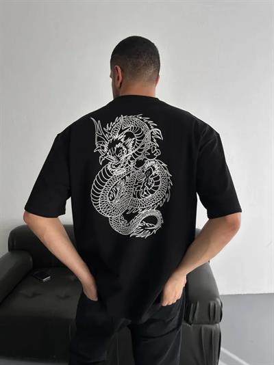 Baskılı Oversize Bisiklet Yaka T-shirt - Siyah