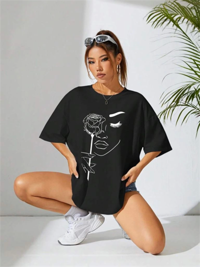 Baskılı Oversize T-shirt - Siyah