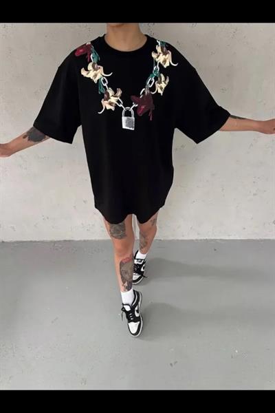 Baskılı T-Shirt Kısa Kol Bisiklet Yaka Regular Rahat Kalıp Günlük Tişört - Siyah