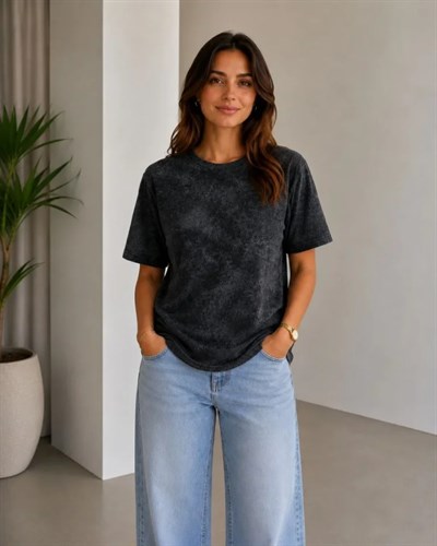 Batik Desenli Tişört Bisiklet Yaka Kısa Kol Regular Fit T-shirt - Siyah