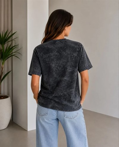 Batik Desenli Tişört Bisiklet Yaka Kısa Kol Regular Fit T-shirt - Siyah