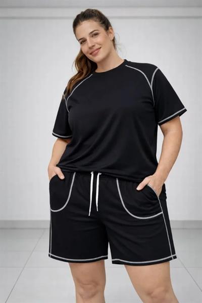 Battal Beden Kısa Kollu Tişört Şort Takım Kontrast Dikiş Detaylı Günlük Ev Giyimi - Siyah