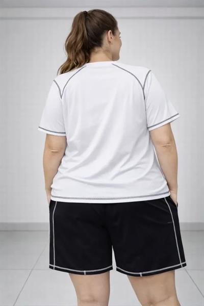 Battal Beden Kısa Kollu Tişört Şort Takım Kontrast Dikiş Detaylı Günlük Ev Giyimi - Beyaz