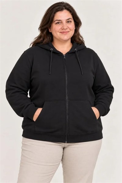 Battal Büyük Beden Üç İplik İçi Şardonlu Kapüşonlu Tam Fermuarlı Kışlık Sweatshirt - Siyah