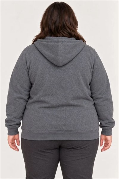 Battal Büyük Beden Üç İplik İçi Şardonlu Kapüşonlu Tam Fermuarlı Kışlık Sweatshirt - Füme
