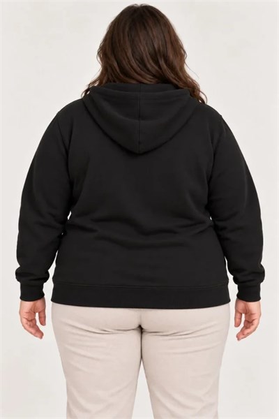 Battal Büyük Beden Üç İplik İçi Şardonlu Kapüşonlu Tam Fermuarlı Kışlık Sweatshirt - Siyah
