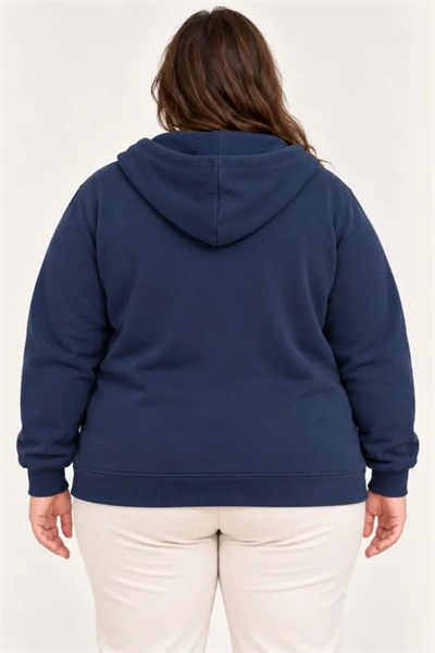 Battal Büyük Beden Üç İplik İçi Şardonlu Kapüşonlu Tam Fermuarlı Kışlık Sweatshirt - Lacivert