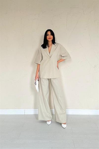 Bej Önü Tek Düğmeli Ceket Pantolon Takım