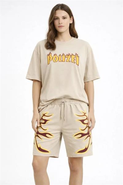 Bej Oversize Baskılı Tişört Şort Takım Cepli Şort Yazlık Rahat Günlük Kombin - Bej
