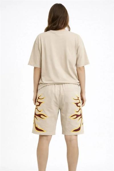 Bej Oversize Baskılı Tişört Şort Takım Cepli Şort Yazlık Rahat Günlük Kombin - Bej