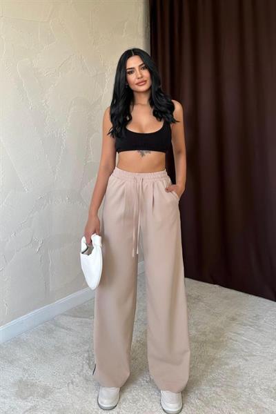 Bej Yanları Şeritli Pantolon