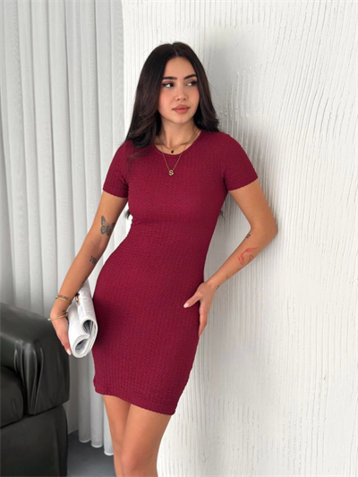 Bisiklet Yaka Kısa Kol Likralı Elbise - Bordo