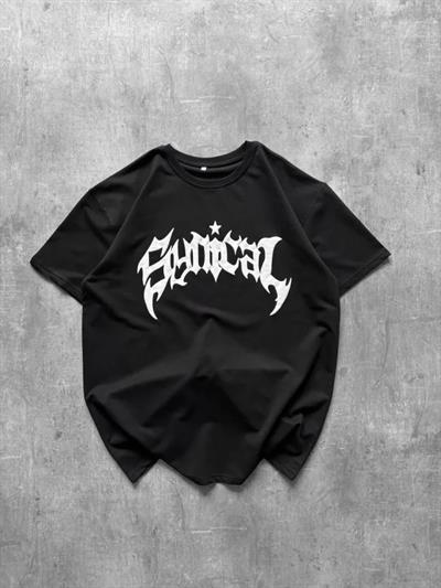 Bisiklet Yaka Ön Baskılı  Kısa Kollu Tişört Streetwear Günlük Basic Pamuklu T-shirt - Siyah