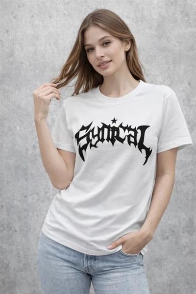 Bisiklet Yaka Ön Baskılı Kısa Kollu Tişört Streetwear Günlük Basic Pamuklu T-shirt - Beyaz