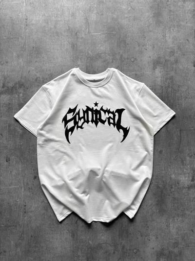 Bisiklet Yaka Ön Baskılı Kısa Kollu Tişört Streetwear Günlük Basic Pamuklu T-shirt - Beyaz