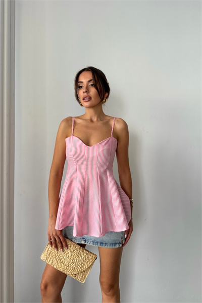 ÇİZGİLİ GOFRE ASKILI PENS DETAYLI BLUZ - Pembe