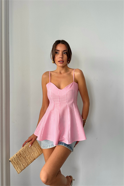 ÇİZGİLİ GOFRE ASKILI PENS DETAYLI BLUZ - Pembe