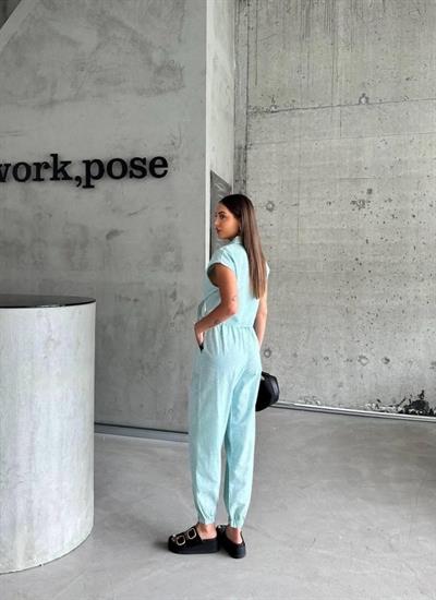 ÇİZGİLİ KETEN KOLSUZ CROP PANTOLON TAKIM - Yeşil