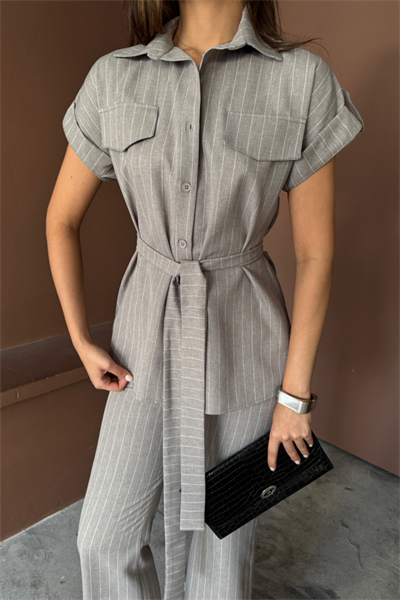 ÇİZGİLİ POLYVİSKON BLUZ - PANTOLON TAKIM - Gri