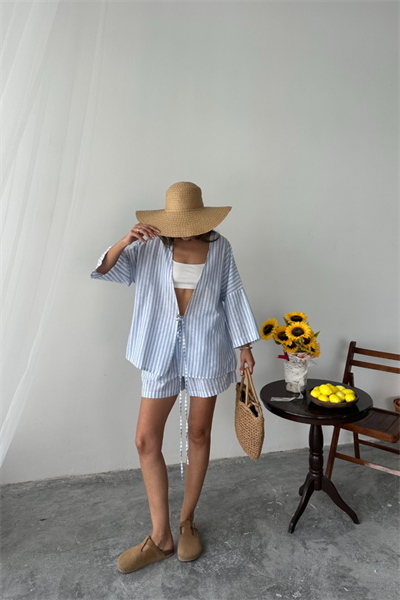 ÇİZGİLİ TUNİK -  ŞORT TAKIM - Mavi