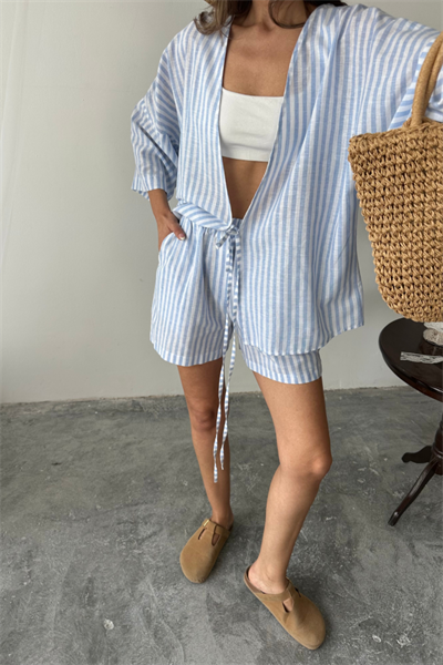 ÇİZGİLİ TUNİK -  ŞORT TAKIM - Mavi