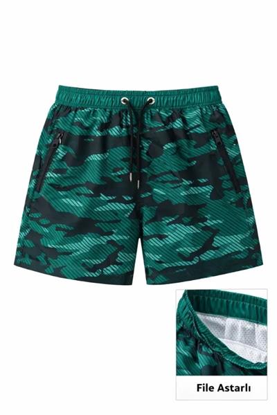 Deniz Şortu Fermuarlı Cepli File Astarlı Hızlı Kuruyan Premium - Su Yeşili