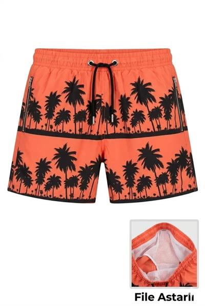 Deniz Şortu Fermuarlı Cepli File Astarlı Hızlı Kuruyan Premium - Turuncu